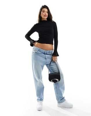 ASOS DESIGN ribbed high neck top with flared sleeve in black