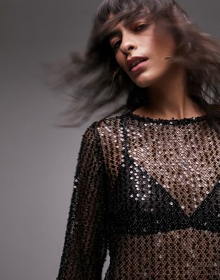 Topshop long sleeve sequin top in black