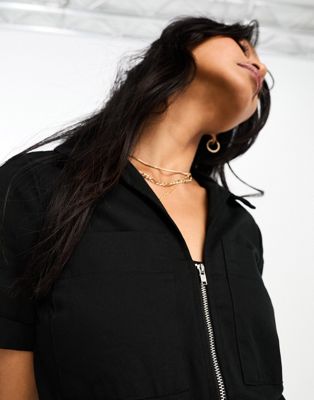 ASOS DESIGN twill collared jumpsuit with wide leg in black