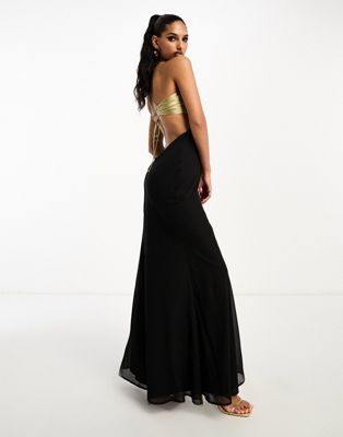 ASOS DESIGN cut out chiffon bias maxi slip dress with satin color block bodice in black