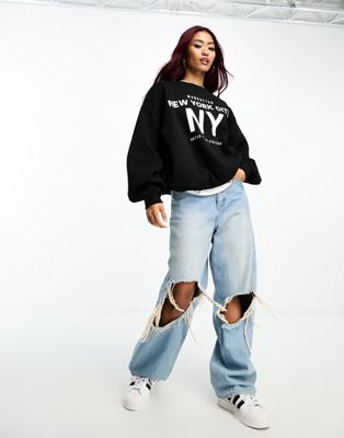 Bershka 'NYC' oversized sweatshirt in black