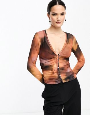 Stradivarius mesh ruched shirt in orange blur print