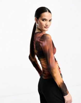 Stradivarius mesh ruched shirt in orange blur print
