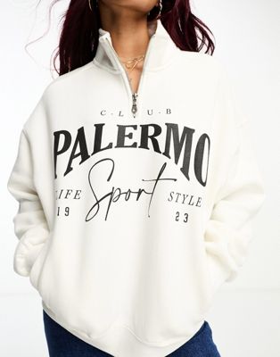 Bershka 1/4 zip slogan sweatshirt in white