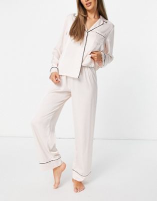 ASOS DESIGN satin long sleeve shirt & pants pajama set in pink