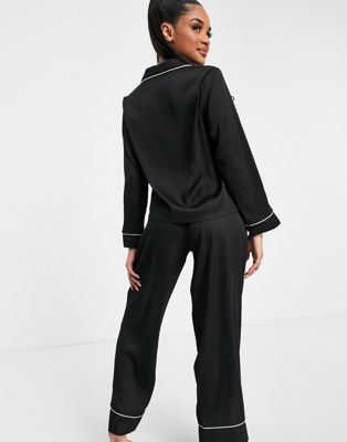 ASOS DESIGN Petite satin long sleeve shirt & pant pajama set in black