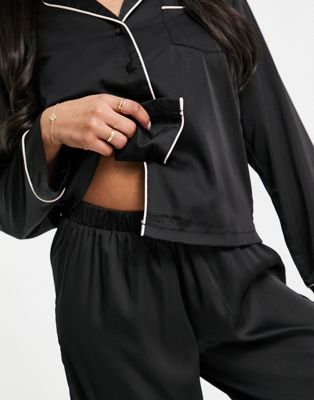 ASOS DESIGN Petite satin long sleeve shirt & pant pajama set in black