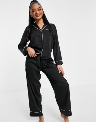 ASOS DESIGN Petite satin long sleeve shirt & pant pajama set in black