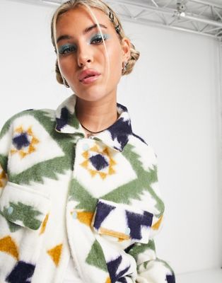Reclaimed Vintage inspired unisex shacket in pattern in cream