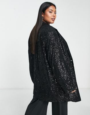 ASOS DESIGN Curve sequin oversized blazer in black