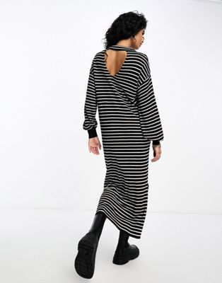 Y.A.S knit high neck midi dress in black mono stripe