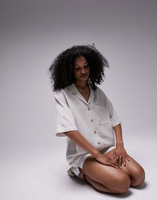 Topshop linen look shirt and shorts pajama set in oatmeal