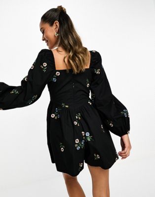 ASOS DESIGN embroidered square neck romper in black
