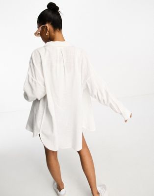 Pull&Bear long sleeve linen shirt in white