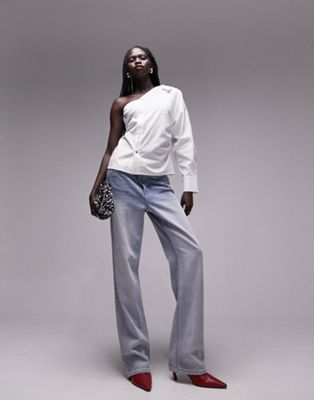 Topshop poplin one shoulder shirt in white