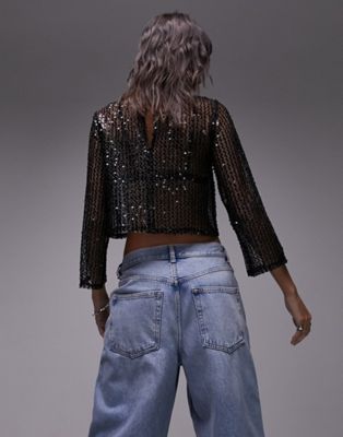 Topshop long sleeve sequin top in black