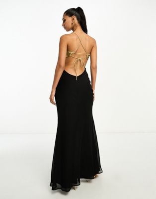 ASOS DESIGN cut out chiffon bias maxi slip dress with satin color block bodice in black