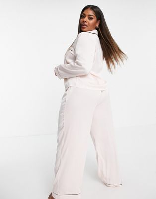 ASOS DESIGN Curve satin long sleeve shirt & pant pajama set in pink
